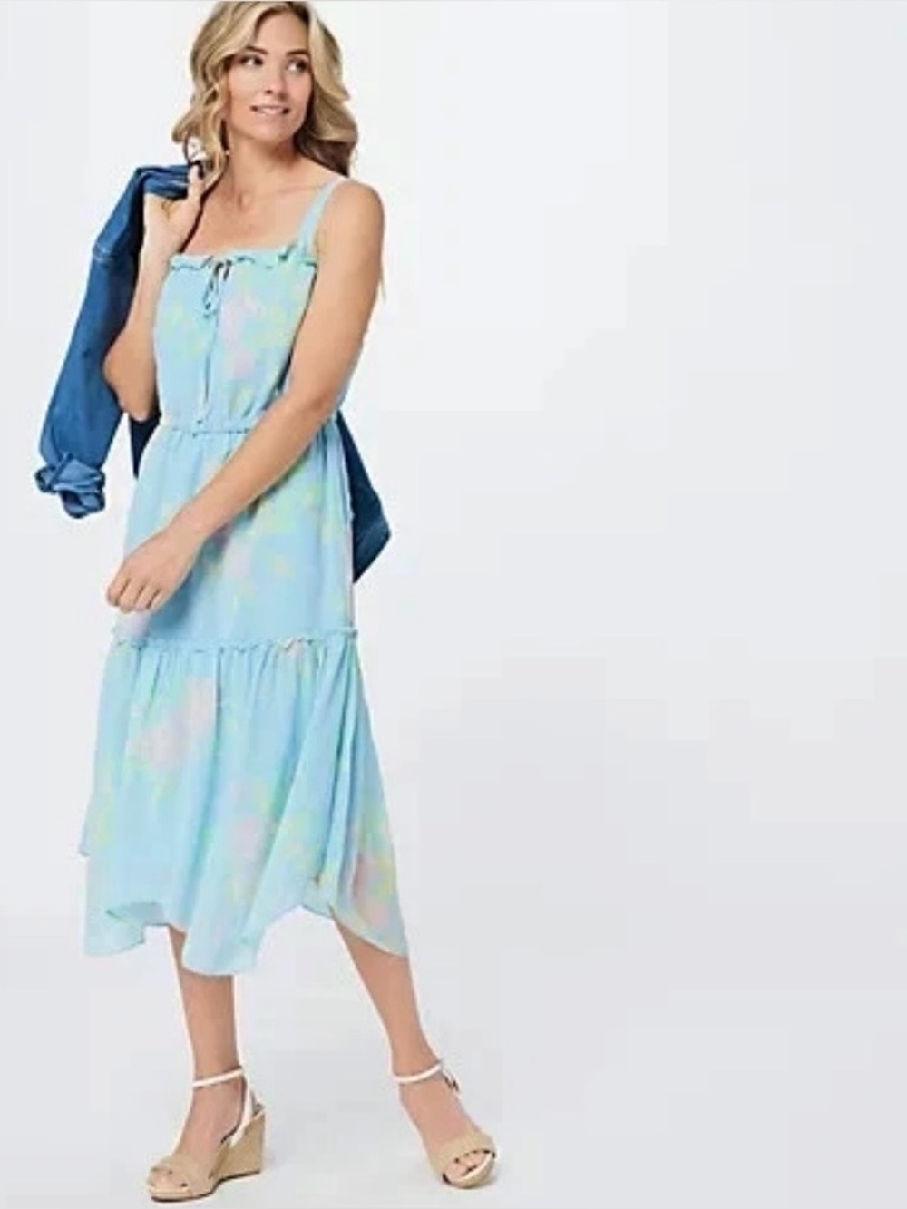 All Worthy by Hunter McGrady Blue Chiffon Tiered Midi Dress XXS Cottagecore